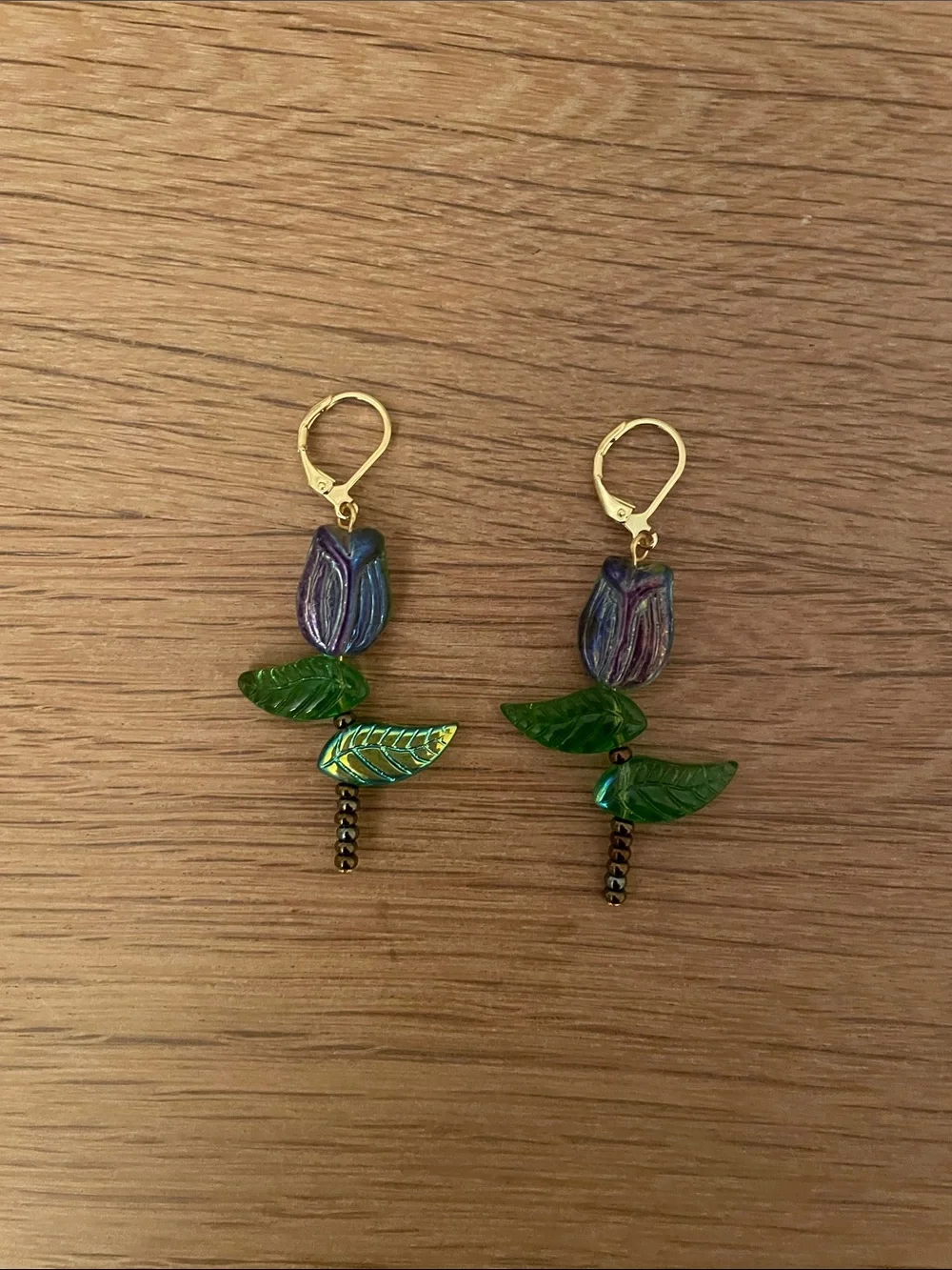 HAND CRAFTED CZECH GLASS TULIP EARRINGS Purple Blue Green Gold Brown